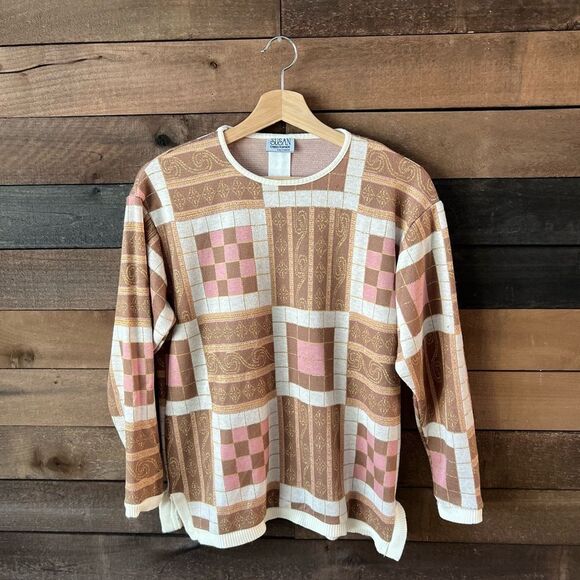 Vintage 90s Susan Bristol Patchwork Sweater – Ribbed Knit Trim in Warm Neutral - Picture 9 of 9